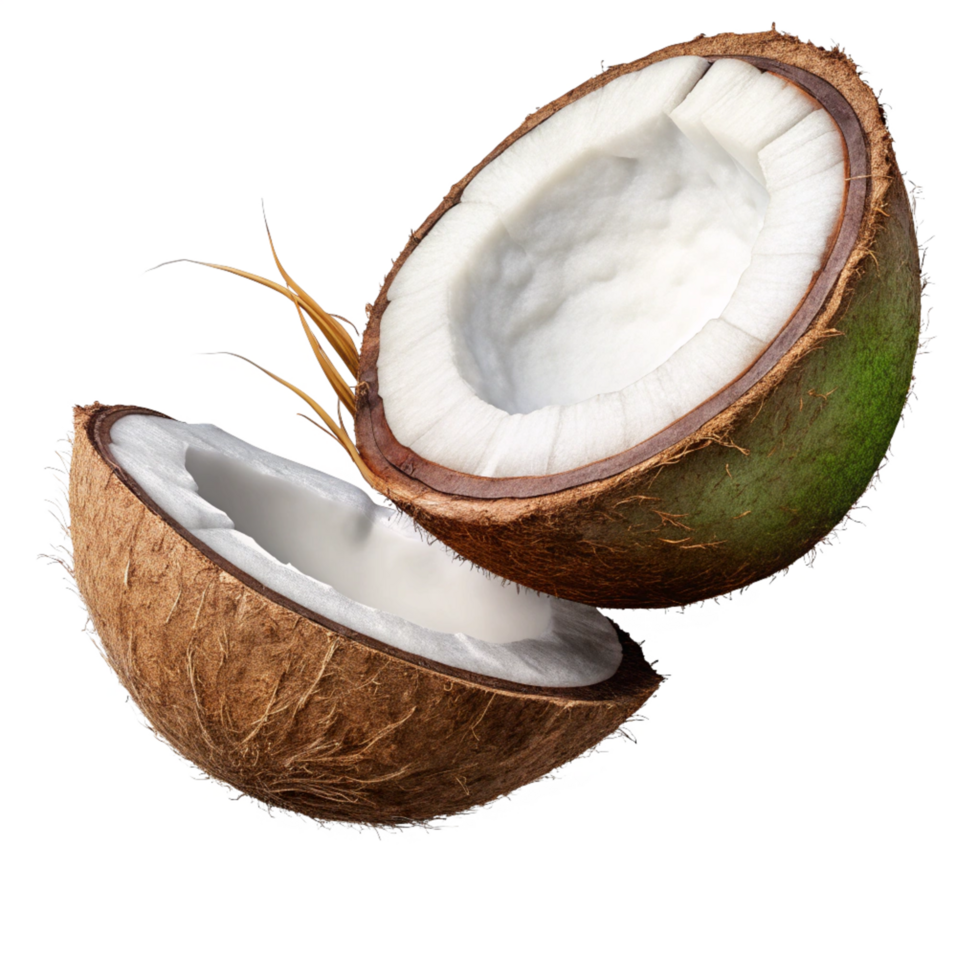 Fresh tropical coconut with a rich brown shell in mid-air on transparent background png