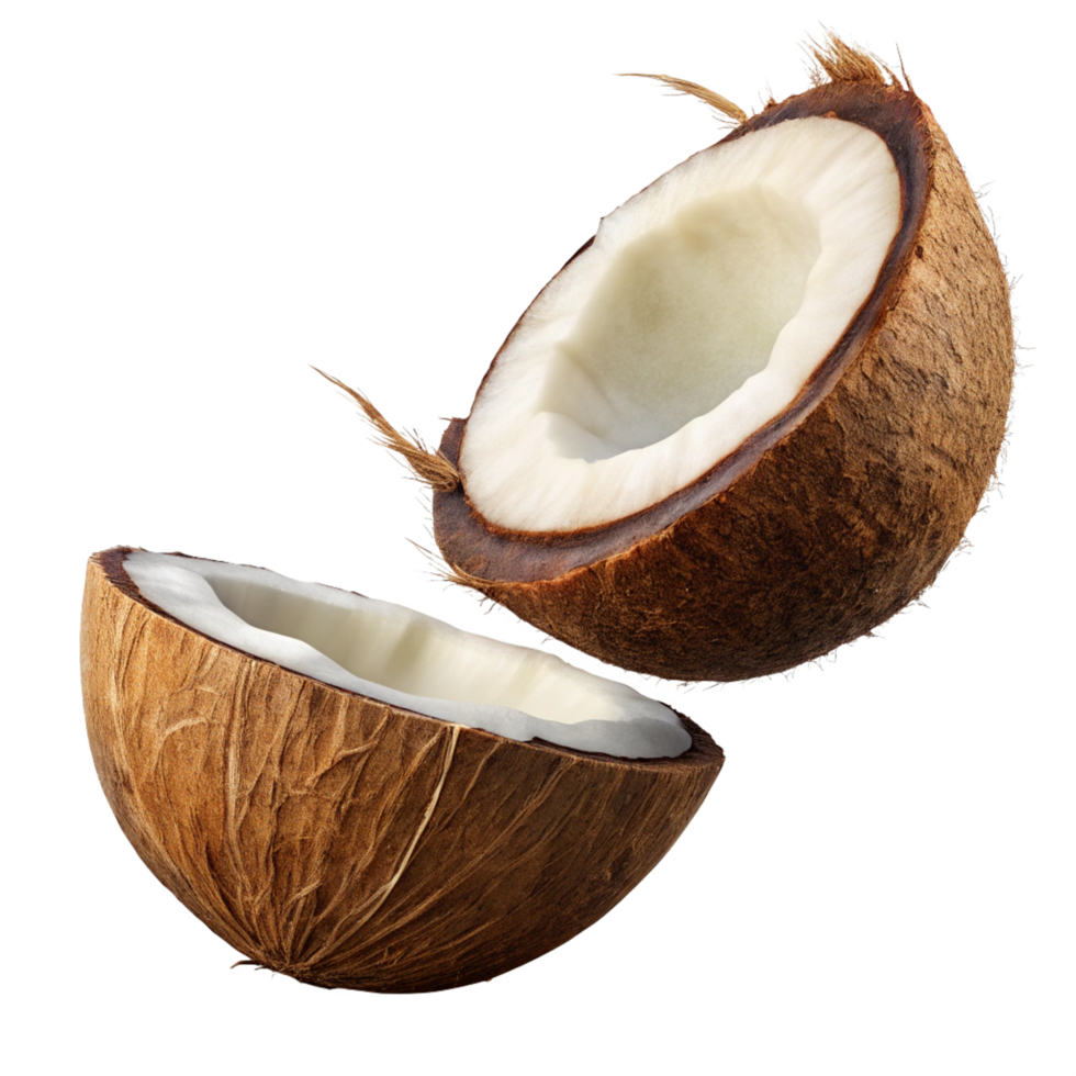 Coconut halves flying with soft lighting on transparent background png
