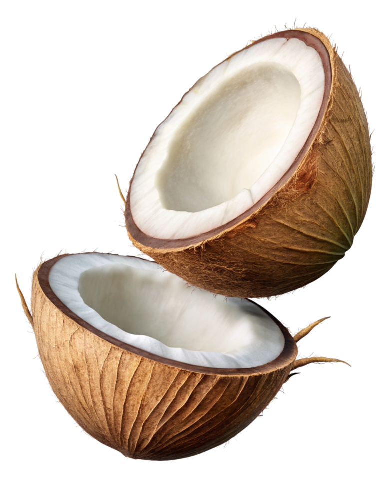 Suspended broken coconut isolated with realistic detail on transparent background png