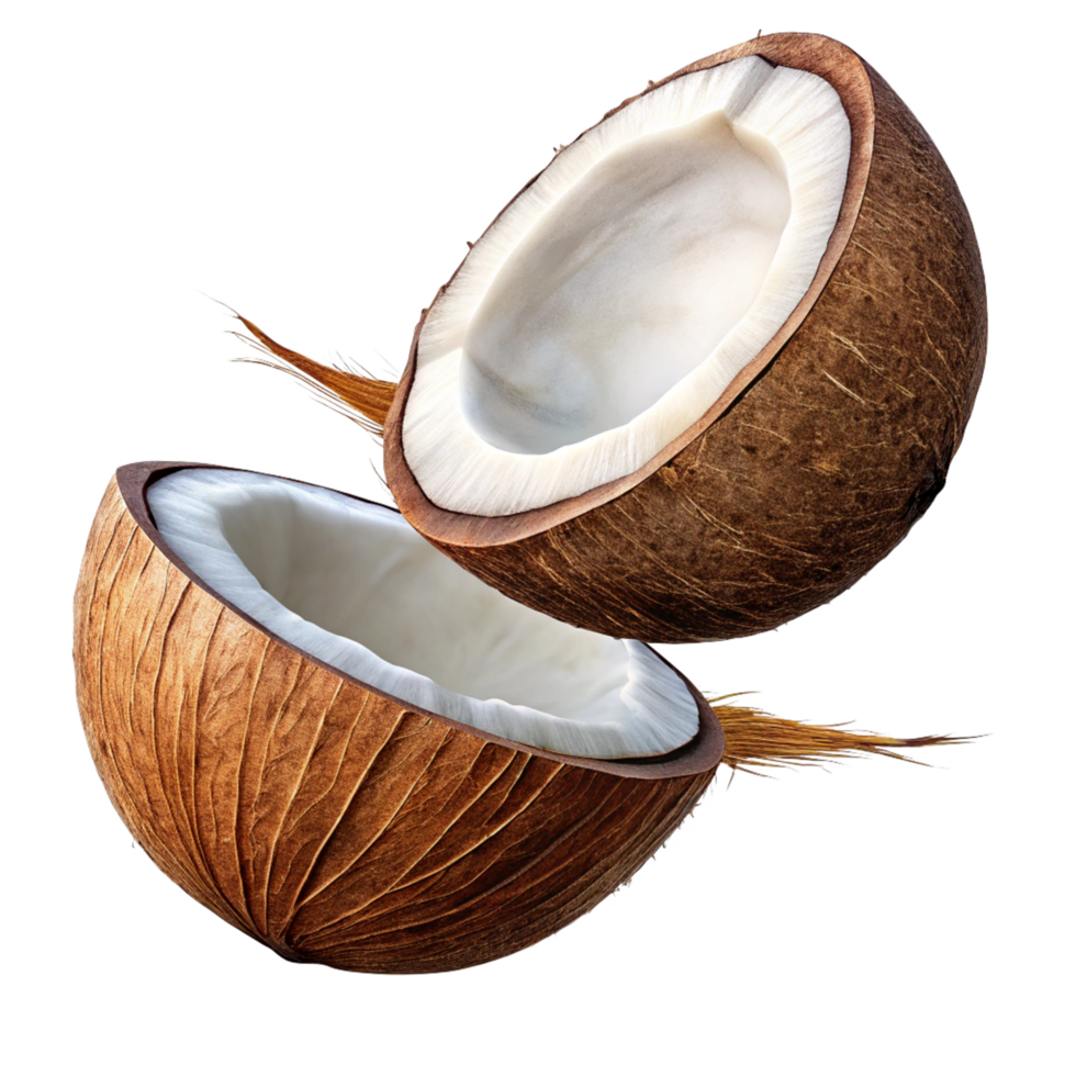 Flying coconut halves in a perfect composition on transparent background png