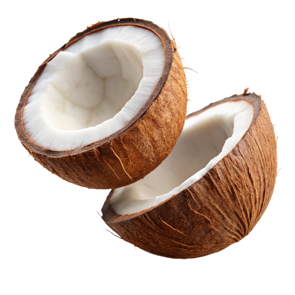 Cut coconut pieces soaring with perfect texture on transparent background png
