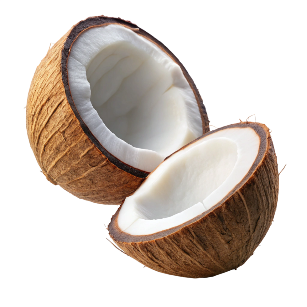 Flying cracked coconut showing smooth inside on transparent background png