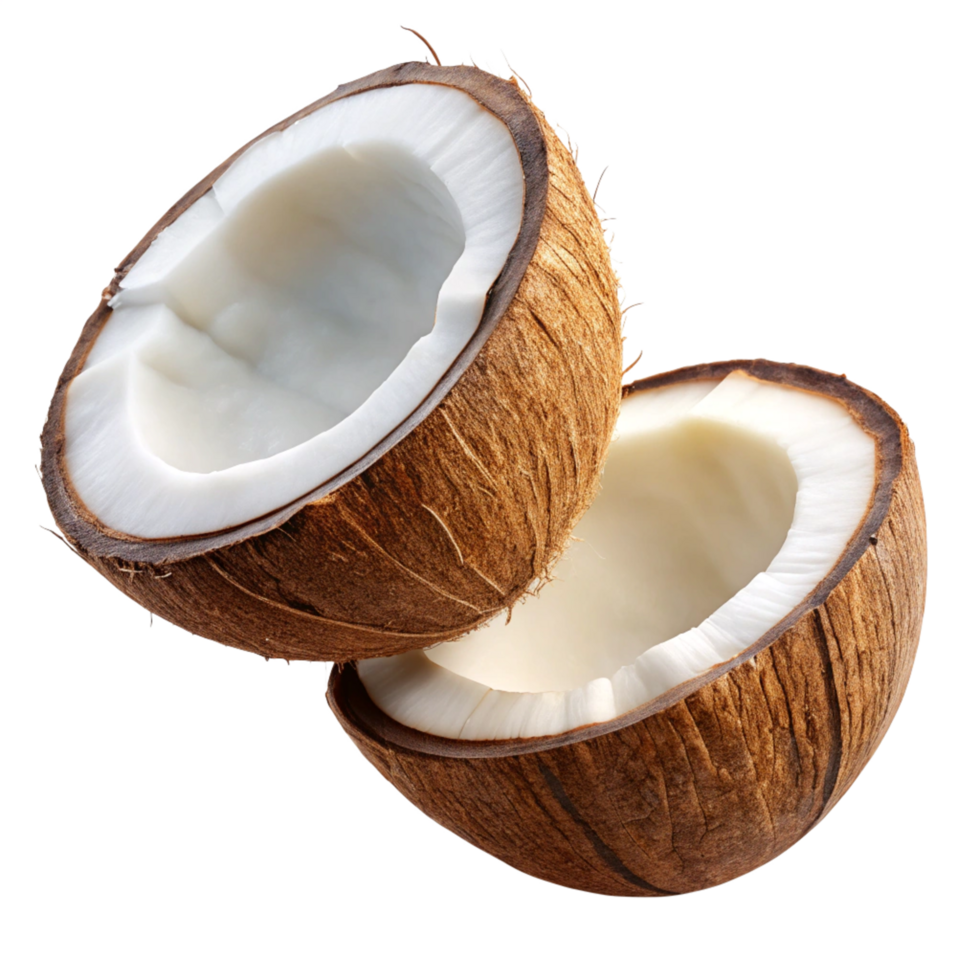 Coconut split mid-air with intricate shell texture on transparent background png