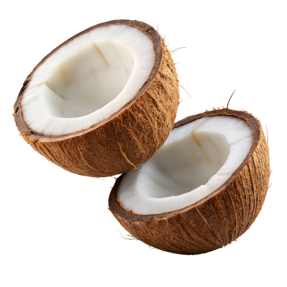 Realistic floating coconut halves with husk detail on transparent background png