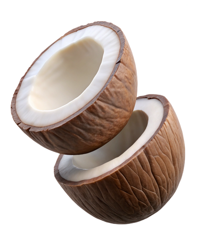 Mid-air split coconut composition on transparent background png