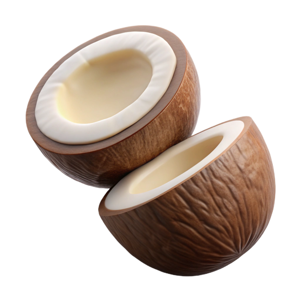 Coconut half with visible milk flying on transparent background png