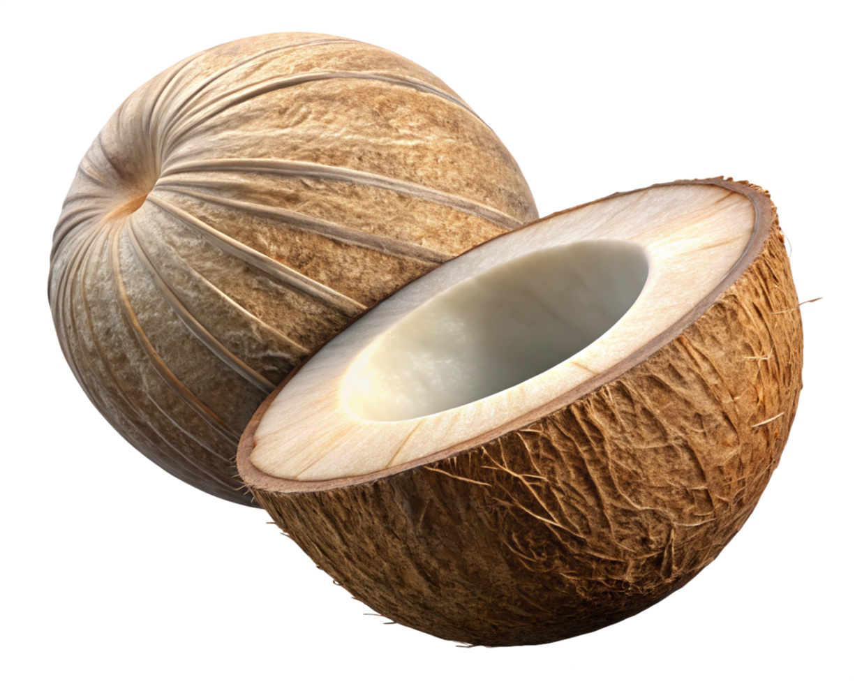 Perfectly sliced coconut halves in motion on transparent background png