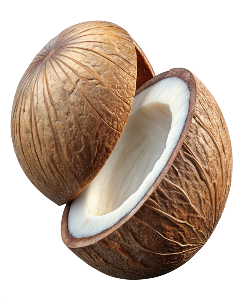 Halved coconut weightlessly suspended on transparent background png