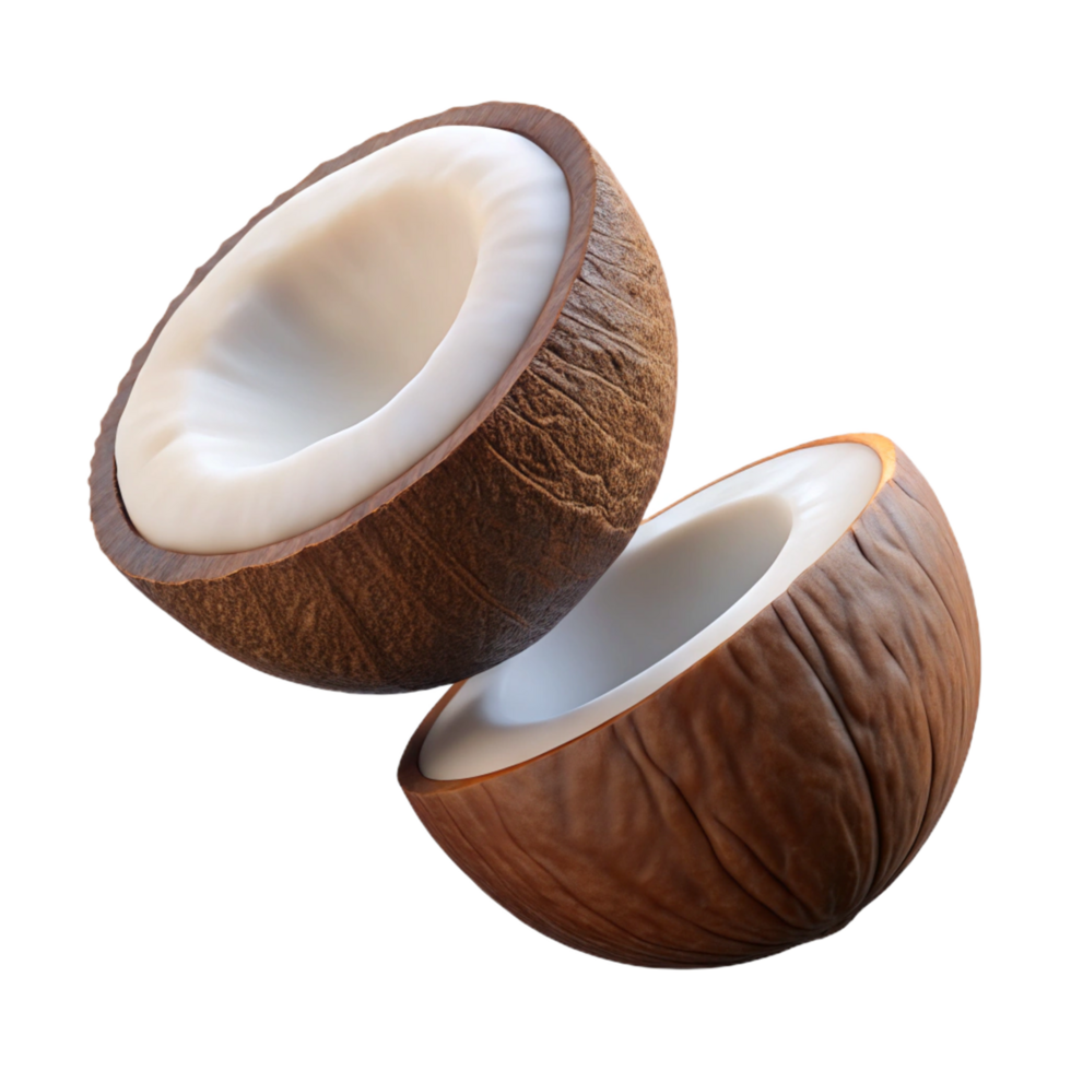Fresh coconut with exposed interior flying on transparent background png