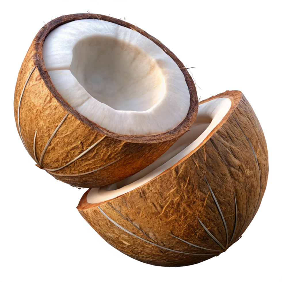 Split coconut suspended naturally in the air on transparent background png