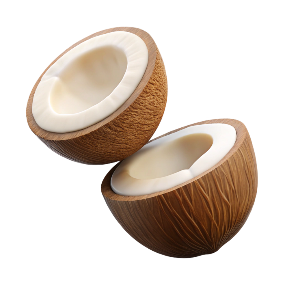 Broken coconut halves captured mid-air on transparent background png