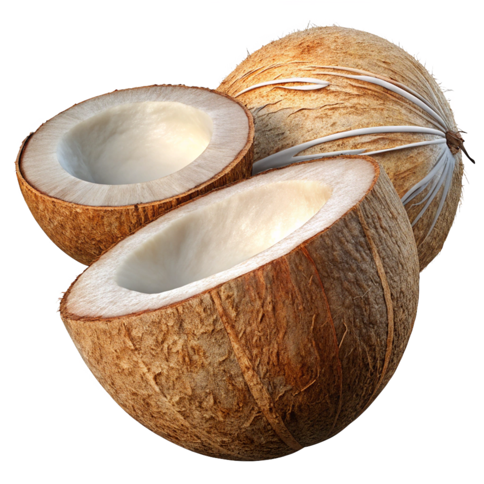 Flying coconut captured in mid-break on transparent background png