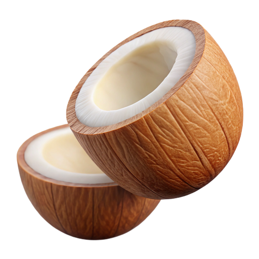 Cracked coconut pieces mid-air isolated on transparent background png