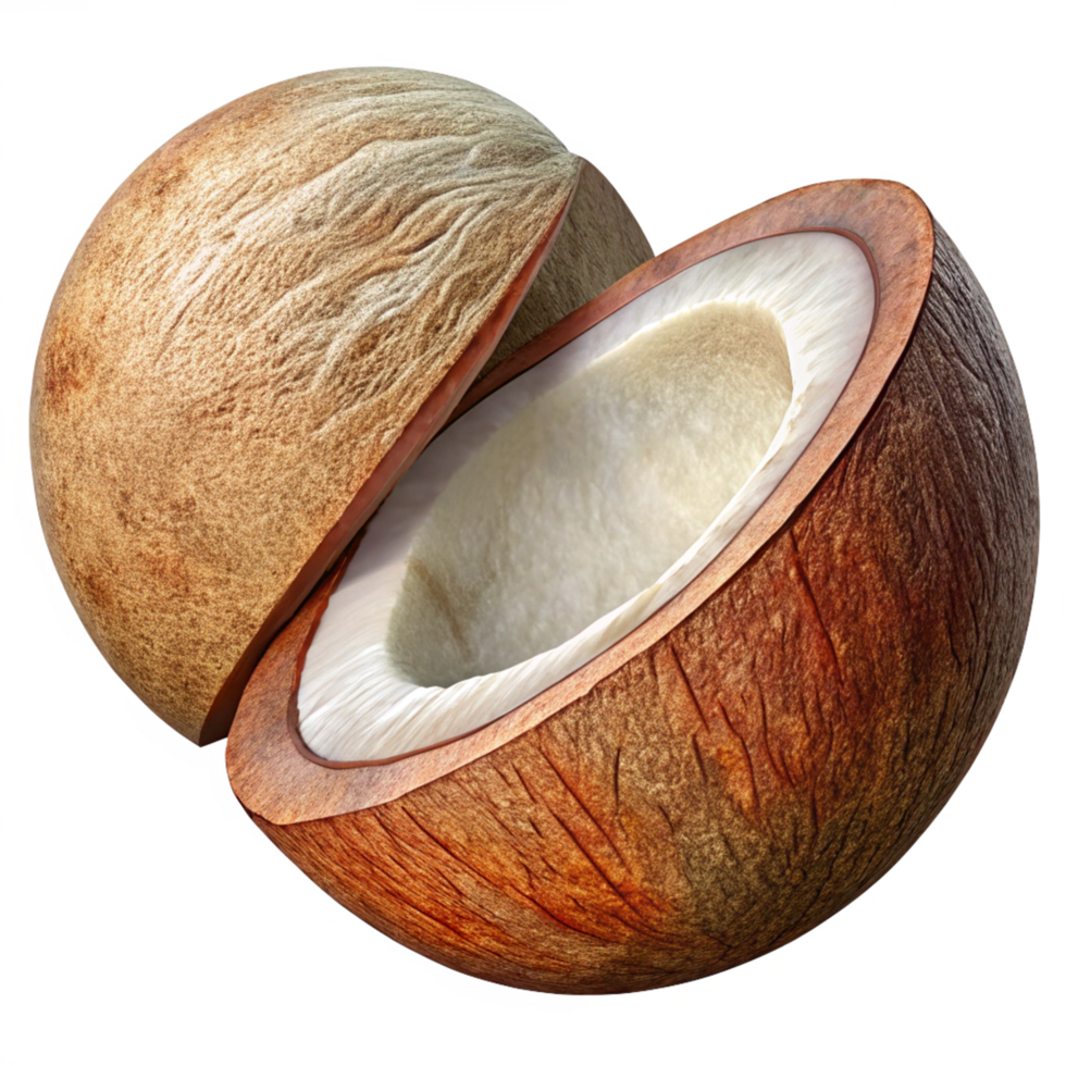 Fresh coconut cut in half dynamically placed on transparent background png