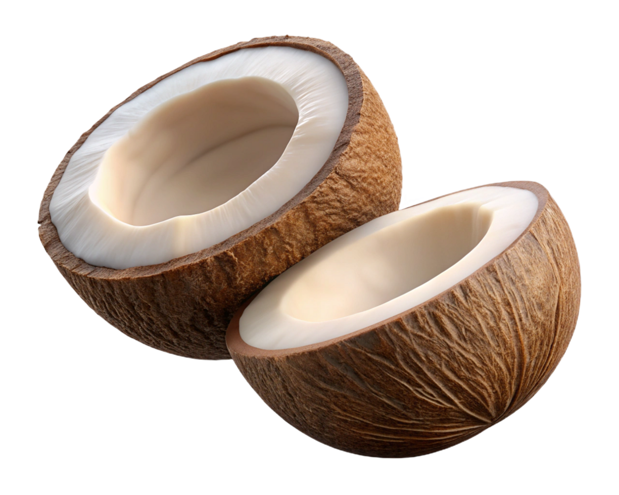 Split coconut floating naturally on transparent background png