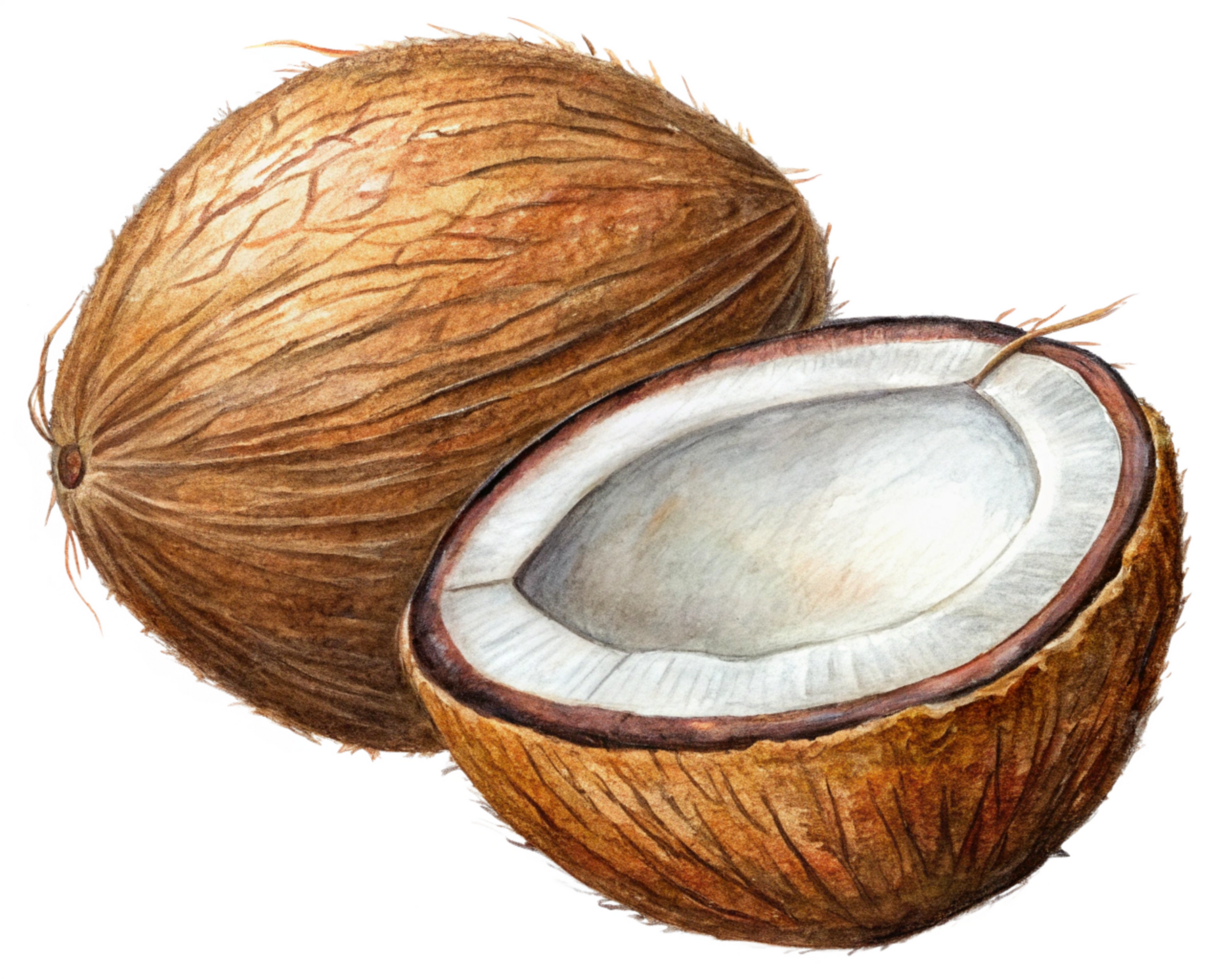 Half coconut shell flying in motion on transparent background png