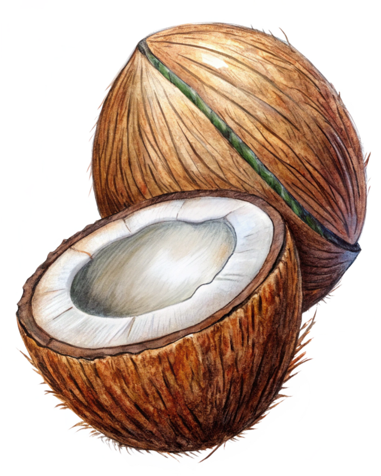 Freshly cut coconut halves hovering on transparent background png
