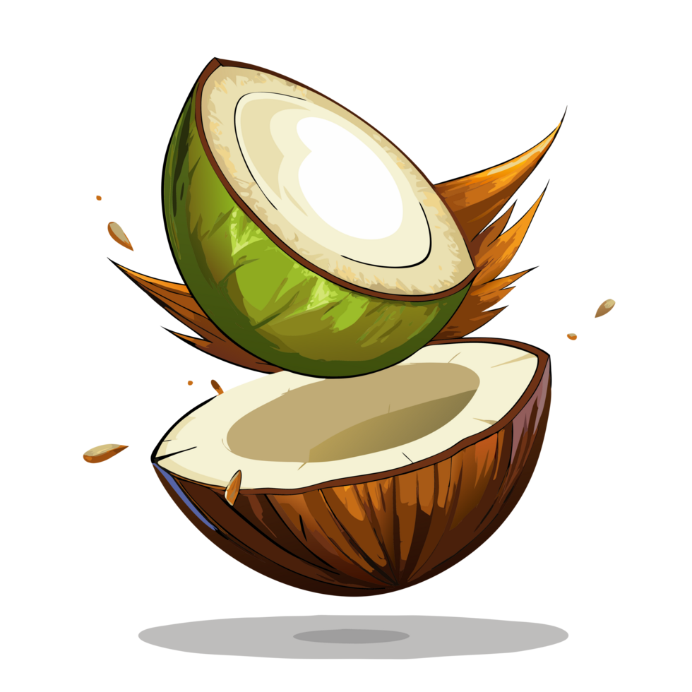 Flying broken coconut with white flesh on transparent background png