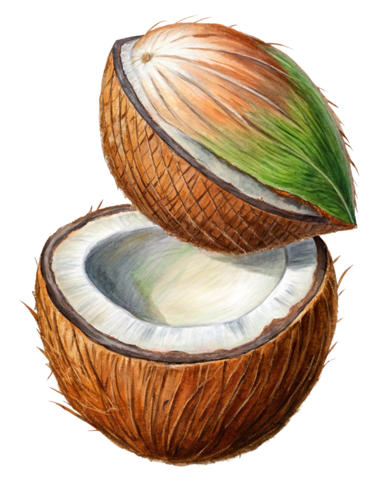 Floating coconut with exposed white flesh on transparent background png
