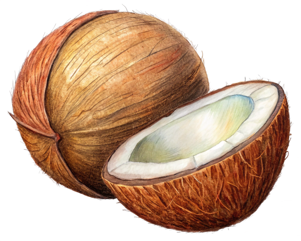 Coconut split in half caught mid-flight on transparent background png