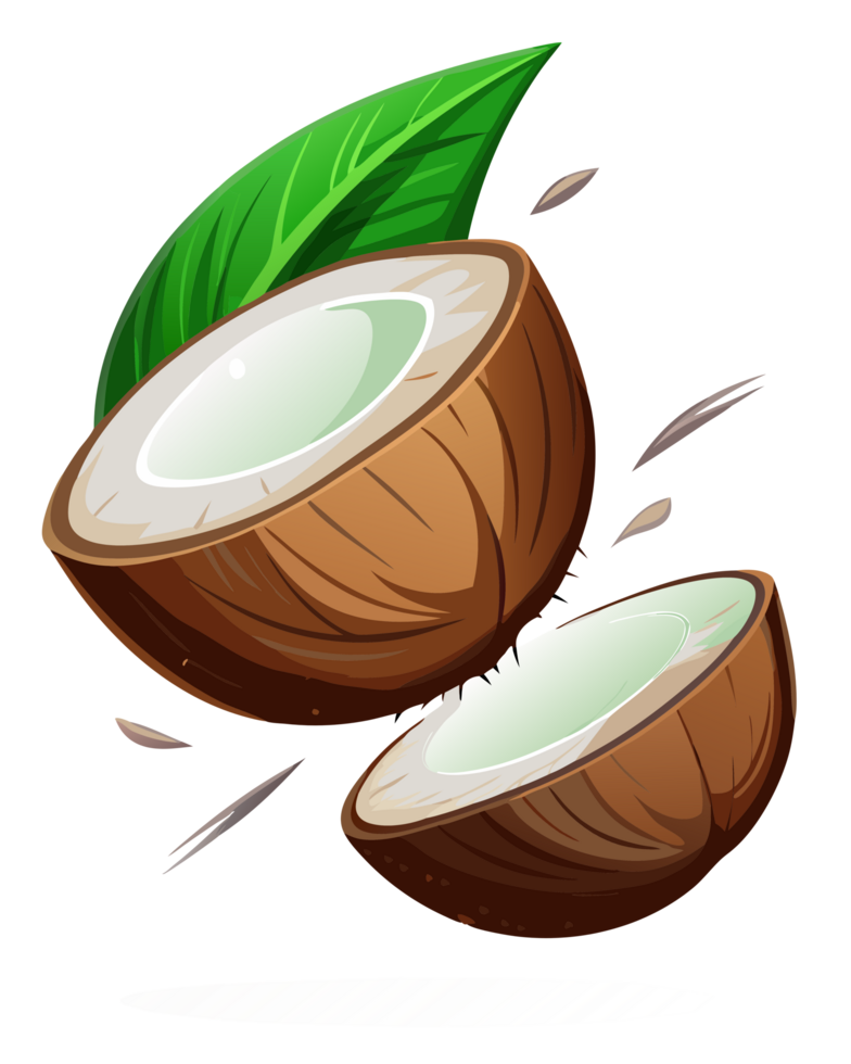 Flying coconut cut in half on transparent background png