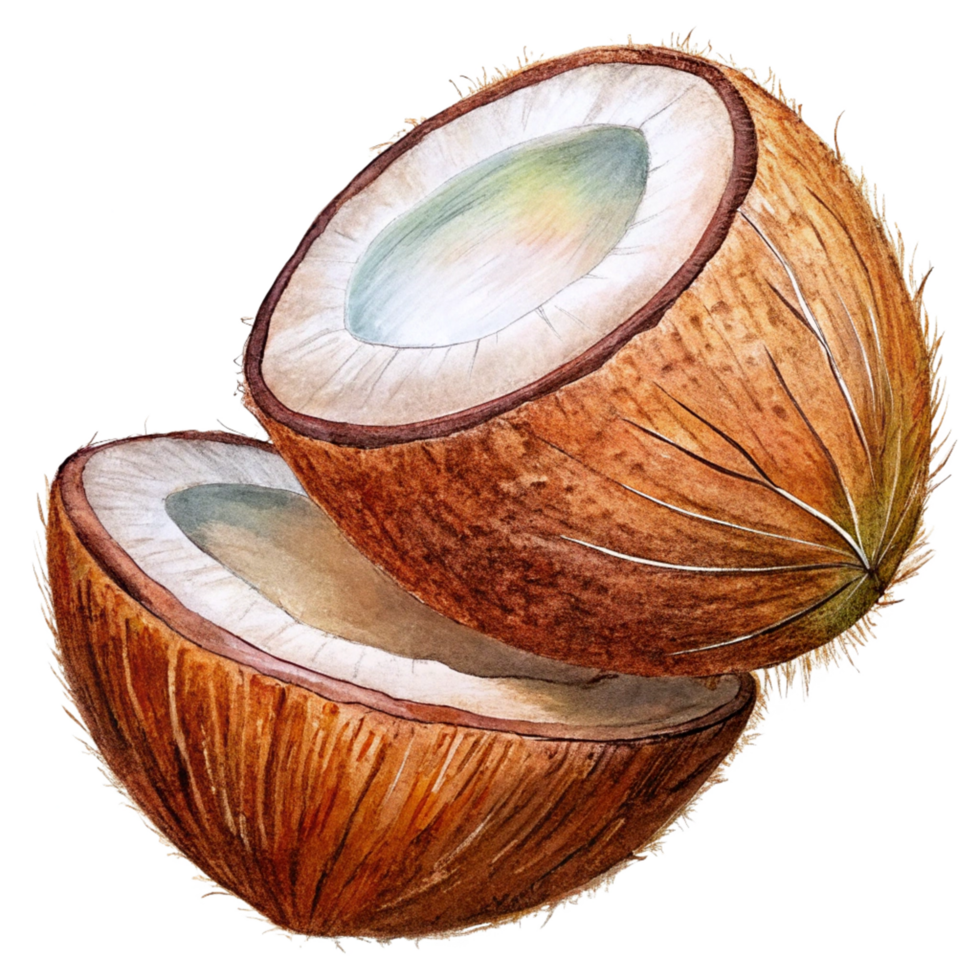 Fresh tropical coconut halves soaring on transparent background png