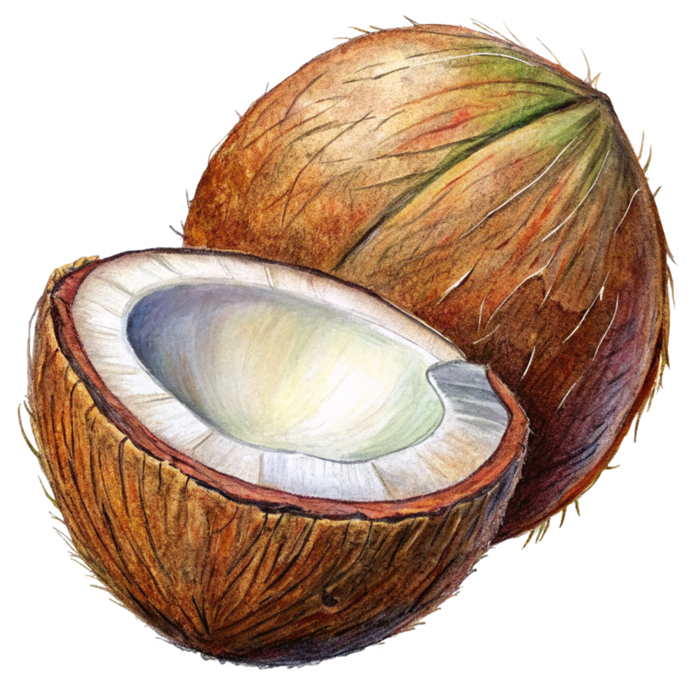 Flying cracked coconut with natural texture on transparent background png