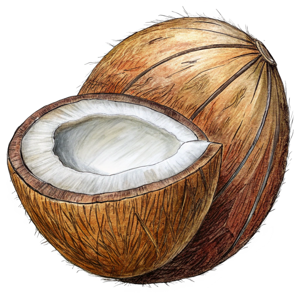 Broken coconut halves floating gracefully on transparent background png