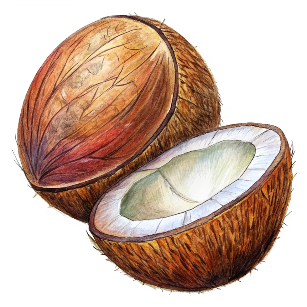 Realistic flying coconut cut open on transparent background png