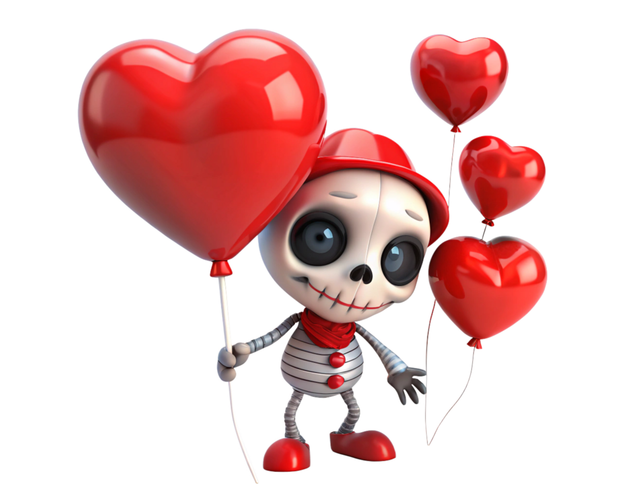 Adorable skeleton flying with big heart shaped balloons on transparent background png