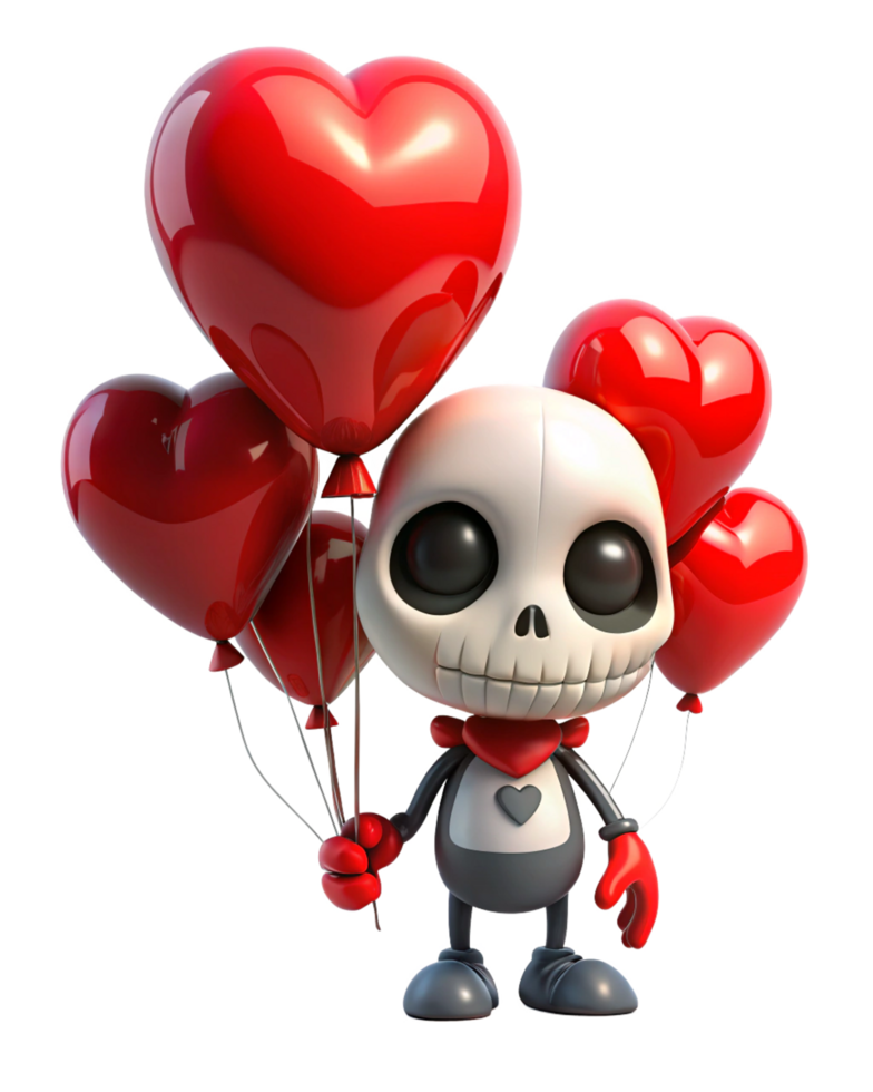 Skeleton holding onto heart balloons with joy on transparent background png