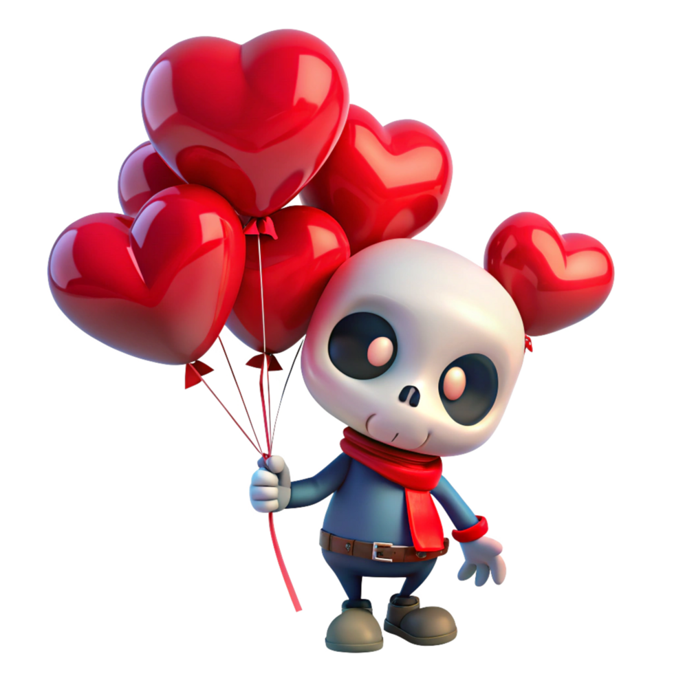 Cute and cheerful skeleton showing heart balloons on transparent background png