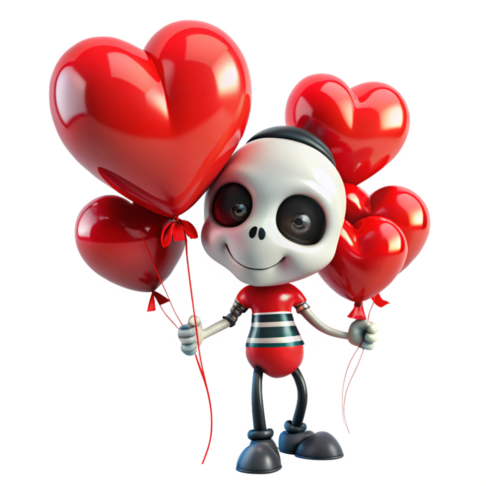 Happy skeleton character bringing love with heart shaped balloons on transparent background png