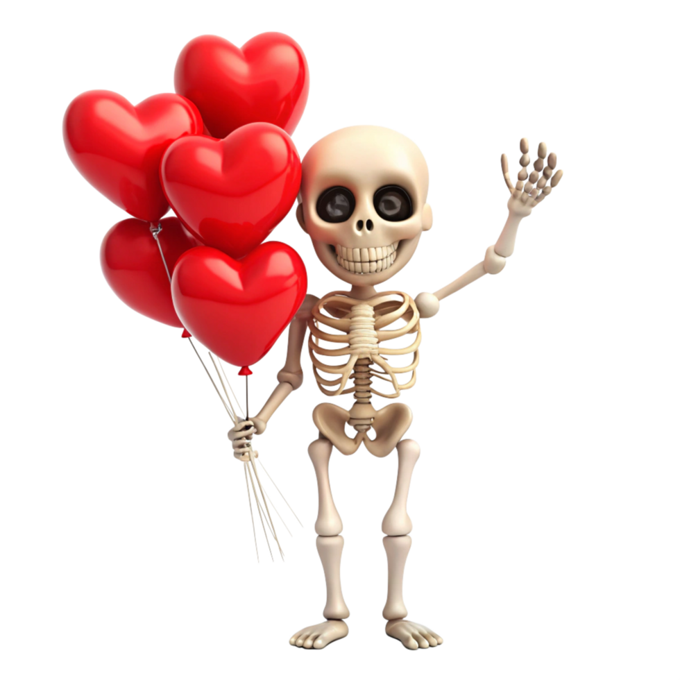 Cute skeleton bringing love with floating heart balloons on transparent background png