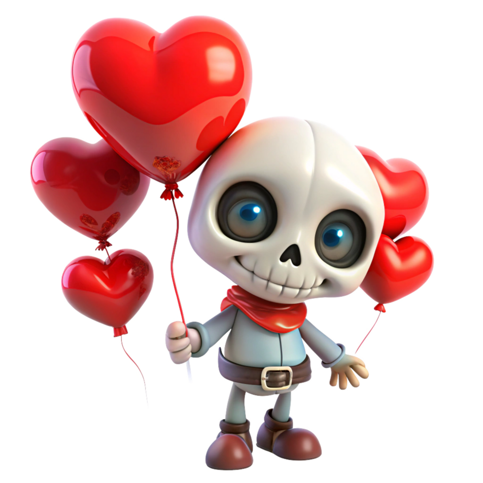 Cute skeleton celebrating romance with heart shaped balloons on transparent background png