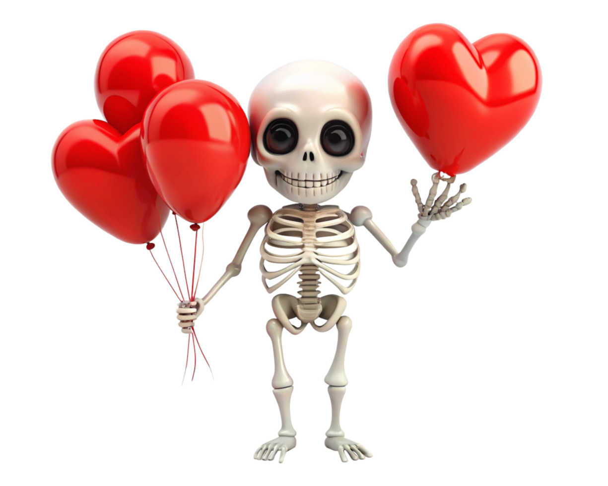 Adorable skeleton happily floating with heart balloons on transparent background png