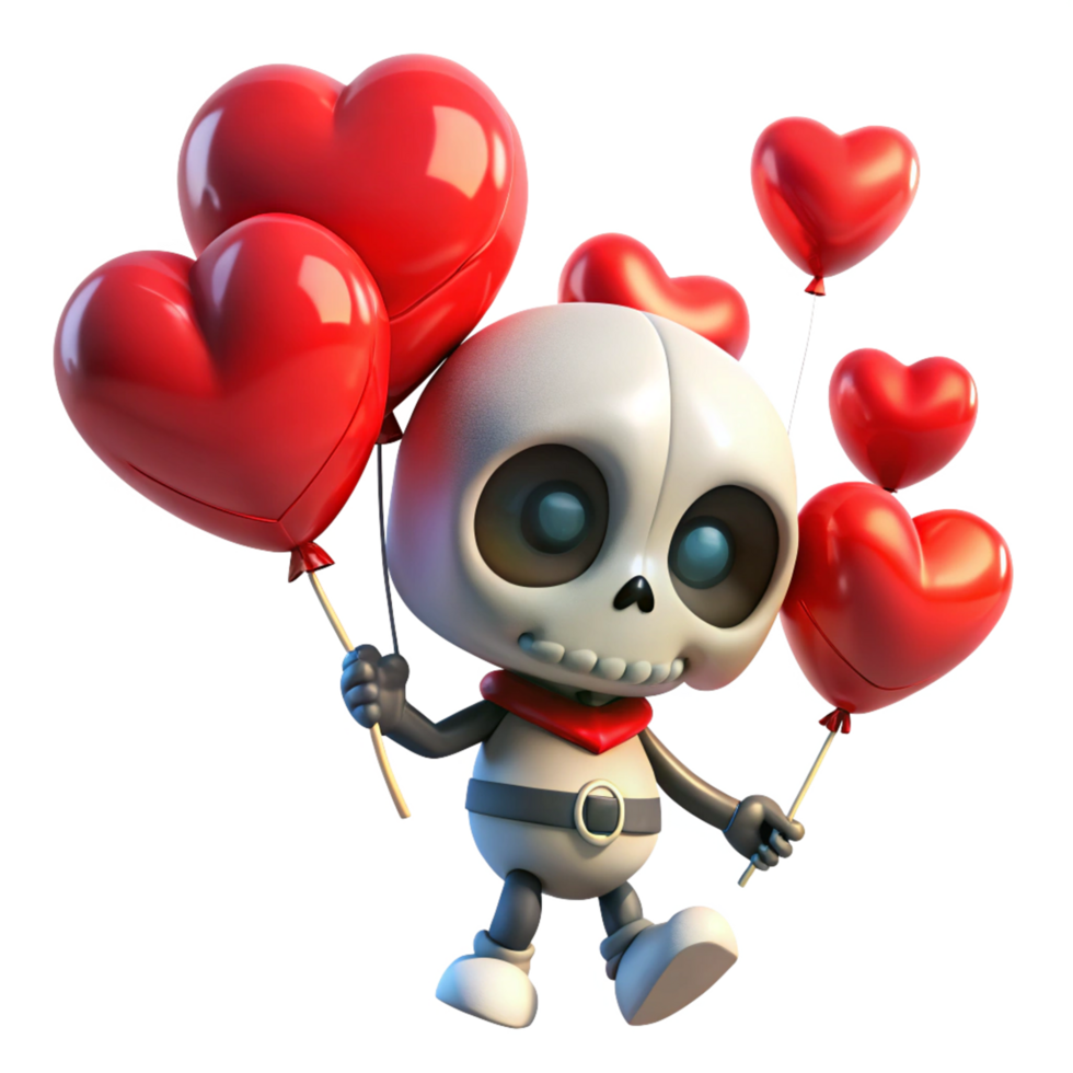 Cheerful skeleton character flying with heart shaped balloons on transparent background png