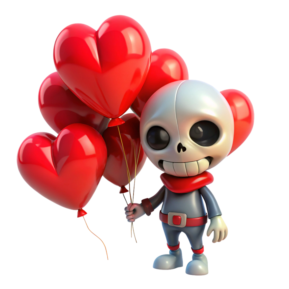 Sweet and smiling skeleton holding love balloons on transparent background png
