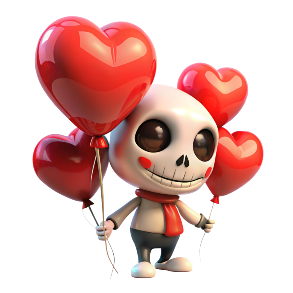Happy skeleton showcasing heart balloons on transparent background png
