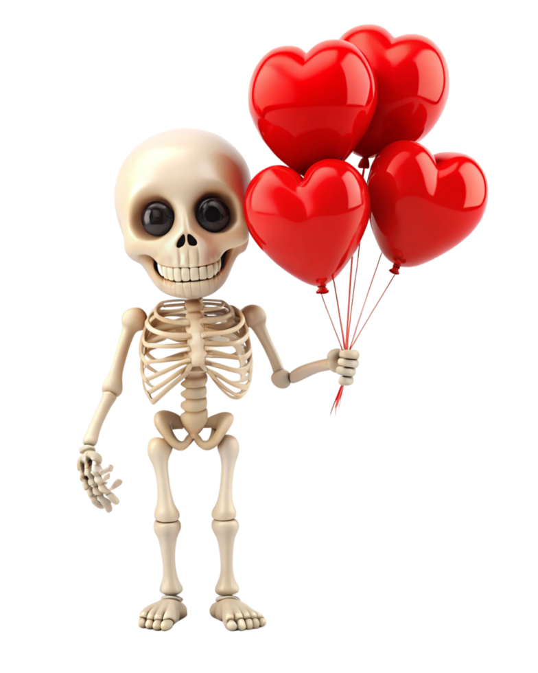 Romantic skeleton holding heart balloons with love on transparent background png