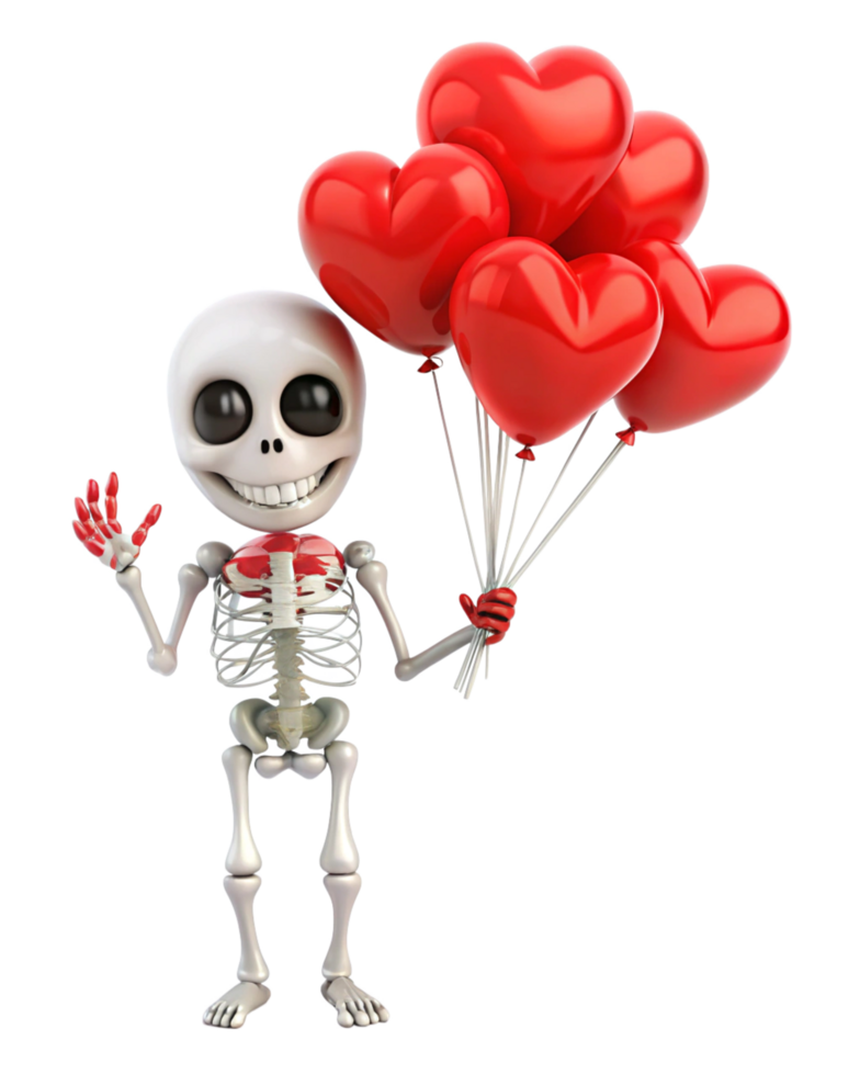 Cartoon skeleton celebrating with heart shaped balloons on transparent background png