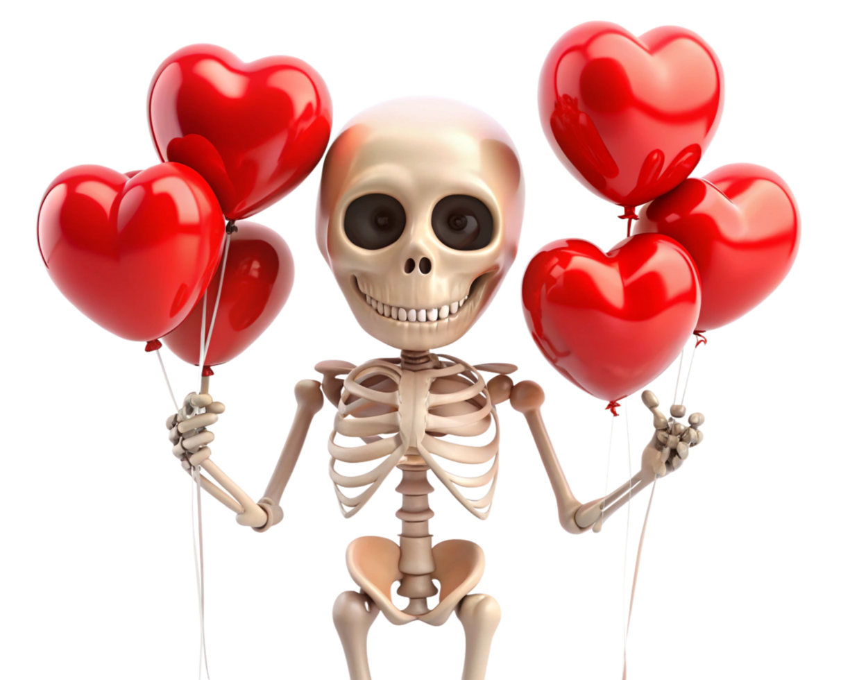 Skeleton character smiling with heart shaped balloons on transparent background png