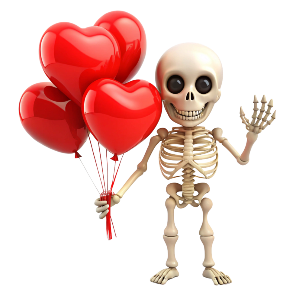 Cute skeleton in joy holding heart balloons on transparent background png