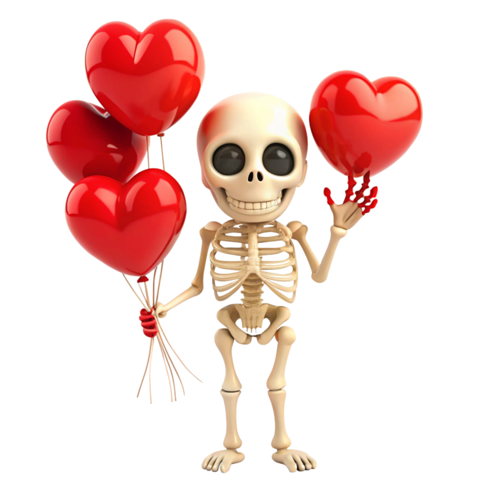 Love-filled skeleton clutching heart balloons on transparent background png