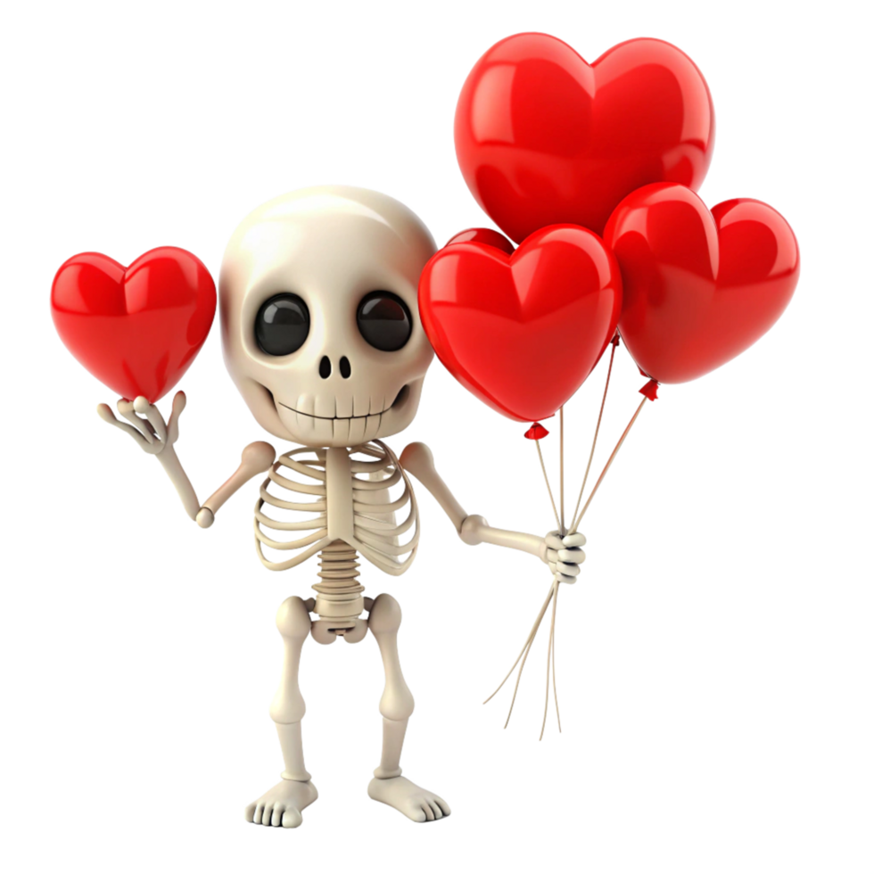 Happy skeleton floating with adorable heart balloons on transparent background png