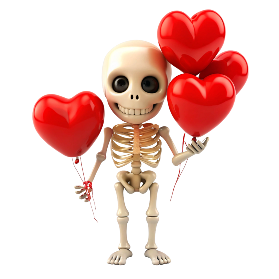 Cute skeleton lifting off with heart shaped balloons on transparent background png