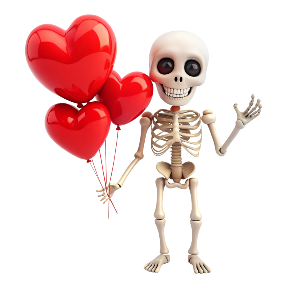 Cute skeleton celebrating love with heart balloons on transparent background png