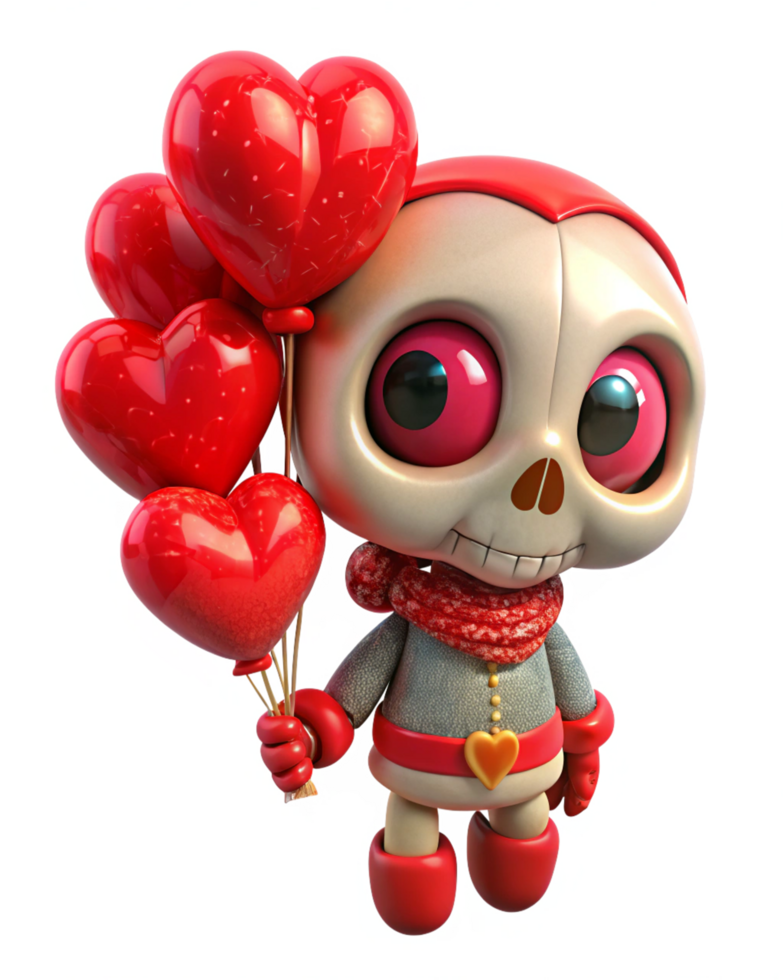 Smiling skeleton carrying heart balloons on transparent background png