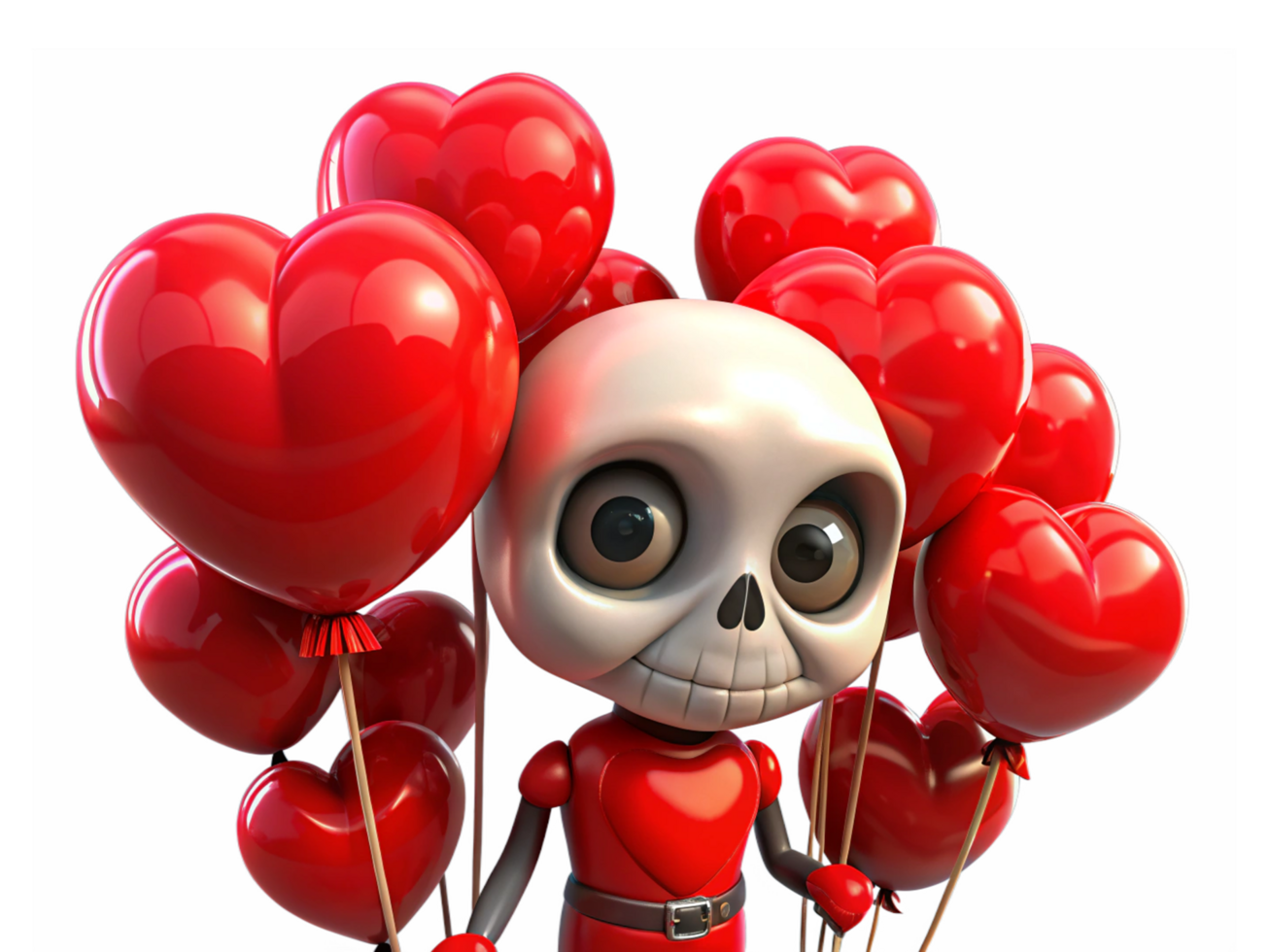 Romantic skeleton with floating heart balloons in hands on transparent background png