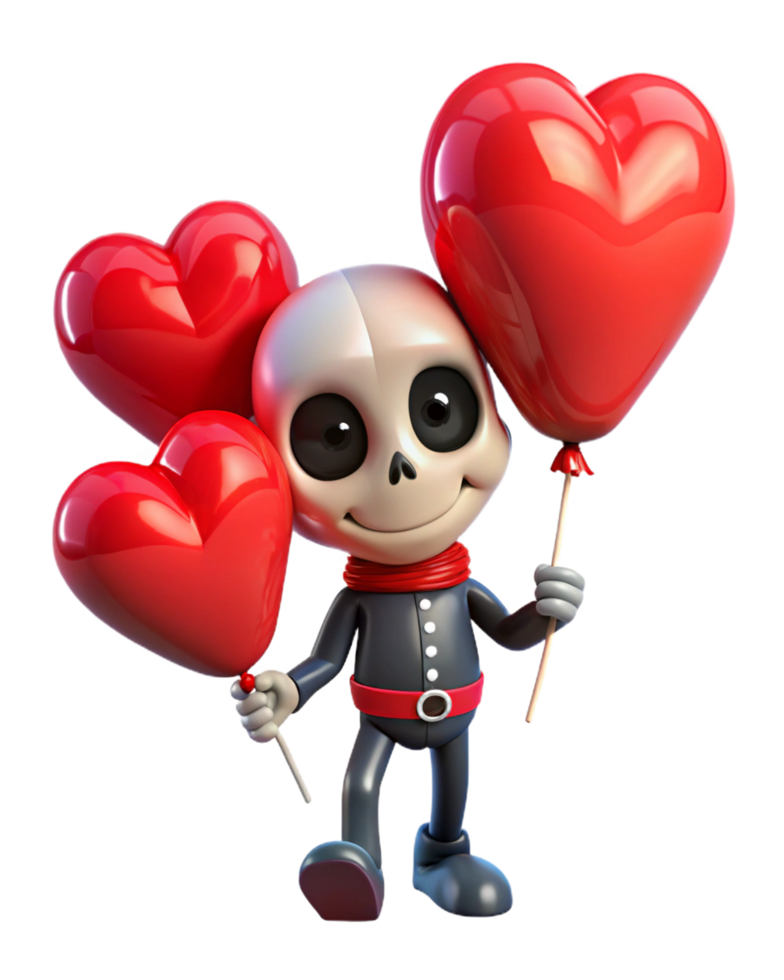 Cute skeleton with big red heart balloons on transparent background png
